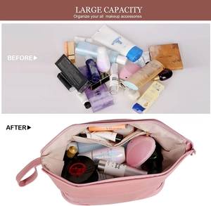 Vergleich der großen rosa Kosmetiktasche vor und nach dem organisierten Verstauen