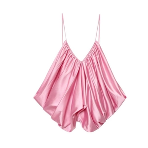 Pink satin camisole top with thin straps and stylish bubble hem design for women