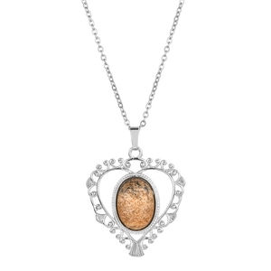 Collier rétro argenté avec pendentif cœur et pierre naturelle oeil de tigre marron sur blanc