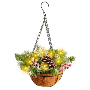 Hanging Christmas basket with pine cones, berries, and warm LED lights on a white background