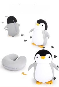 Detailed views of penguin plush toy transforming into a grey U-shaped neck pillow with zipper