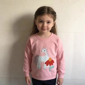 Sweat-shirt Rose À Manches Longues Pour Filles Coton Peigné Col Rond Applique Licorne Broderie Fleurs Hauts