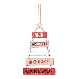 Wooden Christmas tree wall hanging ornament with star top and festive greetings