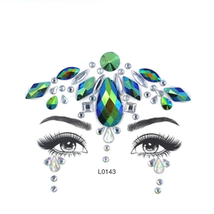 Detail of L0143 face jewel set with green and blue crystals for forehead and eyes