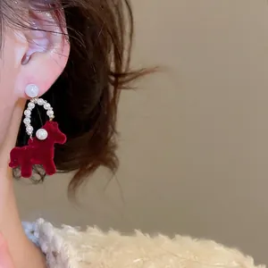 Elegant red flocked horse earrings with pearls, featuring a vintage 925 silver needle design