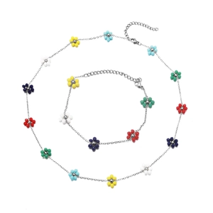 Colorful floral charm necklace and bracelet set in stainless steel for summer beach