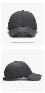 Detail of dark grey breathable mesh baseball cap showing laser cut holes and adjustable strap