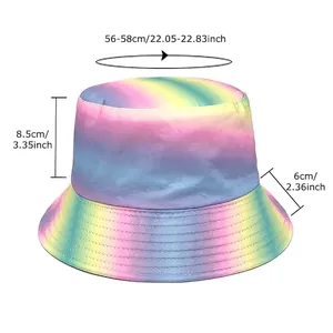 Rainbow bucket hat size guide showing head circumference 56-58cm and brim measurements