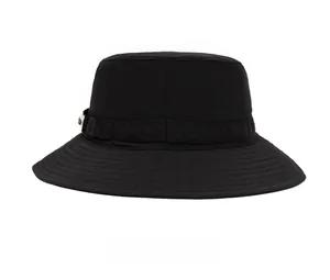 Rear view of quick-dry outdoor bucket hat with reinforced stitching and adjustable strap