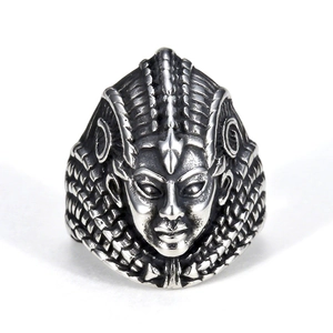 Polished stainless steel Egyptian Pharaoh relief ring with retro punk style engraving