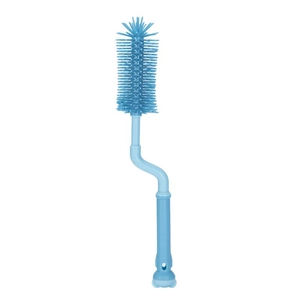 Blue 360-degree rotating silicone baby bottle brush with ergonomic curved handle for cleaning