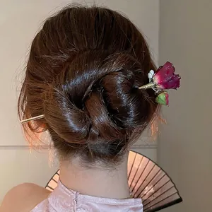 Pic À Cheveux Fleur De Rose Vintage Alliage Doré Acrylique Künstliche Perle Épingle À Cheveux Chinoise Élégante Pour Femme