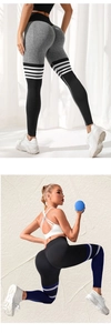 Detailed view of high-waist yoga leggings featuring striped patterns and a peach lift design