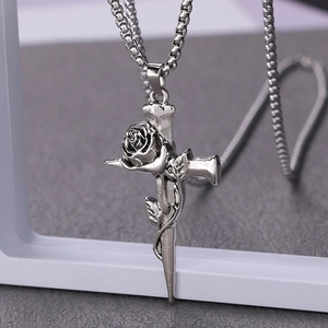 Vintage Gothic Rose Cross Pendant Necklace Stainless Steel Antique Silver Jewelry For Men Women Retro Punk Style Accessory