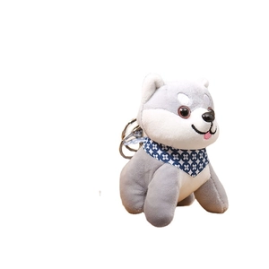 Cute husky plush keychain with blue floral bandana and metal clip for backpacks