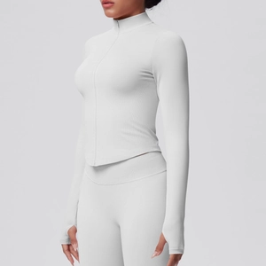 Detail shot of thumb hole design and high-stretch breathable fabric on sports jacket