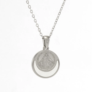 Silver Miraculous Medal pendant necklace with embossed religious icon and steel chain