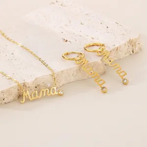 Mama Script Letter Necklace And Earrings Stainless Steel Rhinestone Mothers Day Gift Jewelry For Women