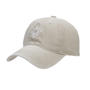 Washed vintage khaki baseball cap with white sun embroidery in a minimalist style