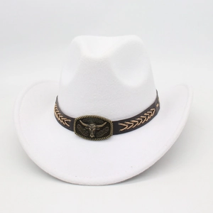 White western cowboy hat with brown leather band and bull head metal buckle accessory