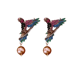 Colorful rhinestone parrot earrings with faux pearl pendants in gold finish