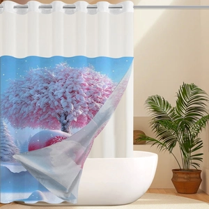 Waterproof waffle shower curtain with a romantic snow tree print and metal ring hooks