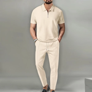Men's cream yellow waffle texture two-piece set featuring short sleeve polo and long pants