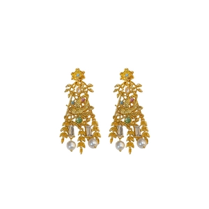 Vintage gold earrings with flowers, colorful stones, and white pearls in baroque style
