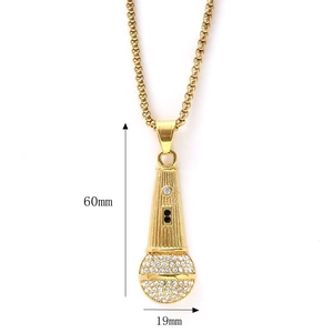 Hip hop style gold microphone pendant necklace with rhinestones and 60mm height measurement