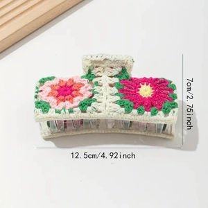 Handmade crochet strawberry hair claw clip with floral knit pattern for beach vacations
