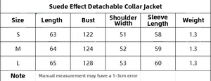 Detailed size chart showing measurements for the faux suede jacket with removable collar