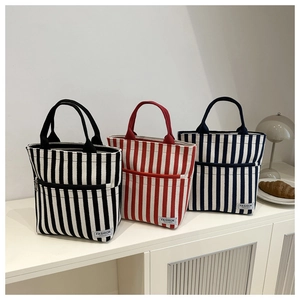 Canvas tote bag with stripes and fashion label in black, red and navy blue options