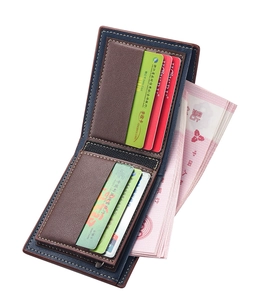 Detail view of the multi-card slots and bi-fold interior design in blue and brown leather