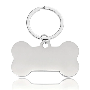 Polished silver bone-shaped metal pet ID tag with a shiny stainless steel ring