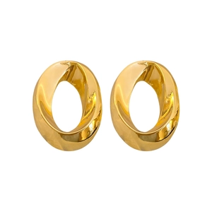 Minimalist gold oval hollow twisted earrings with high gloss metallic finish for women