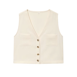 Gilet beige sans manches à col en V pour femmes avec boutons dorés et poches plaquées