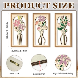 Set of 3 wooden wall art panels with cutout floral designs measuring 40x20cm with hooks