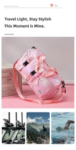 Detail view of pearlescent pink waterproof fitness bag with adjustable shoulder straps