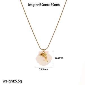 Gold stainless steel dolphin shell pendant necklace with product dimensions and sizing