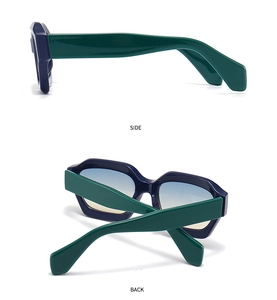 Detailed side and back view of chunky geometric sunglasses with gradient lenses