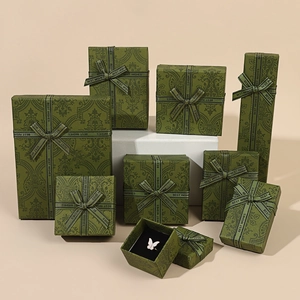 Vintage Paisley Pattern Jewelry Box Forest Green Ribbon Bow Cardboard Packaging For Ring Necklace Earring Gift