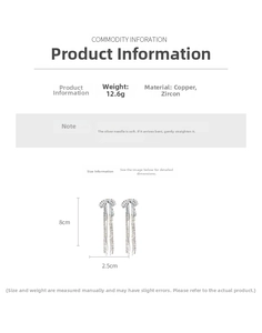 Detailed size specifications for silver needle bowknot tassel earrings with cubic zirconia