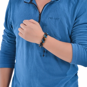Adjustable double-layer 8mm blue and brown tiger eye stone beaded bracelet for men
