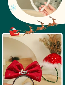 Detail of red velvet Christmas bow headband with golden stars and Merry Christmas lettering
