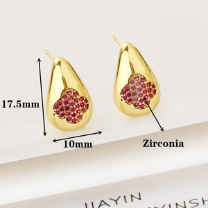 Gold drop earrings with red zirconia clover inlay, dimensions 17.5mm by 10mm