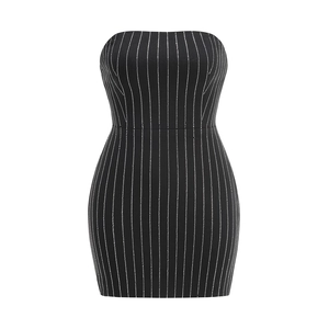 Close-up of black bodycon mini dress featuring vertical rhinestone stripes and tube top
