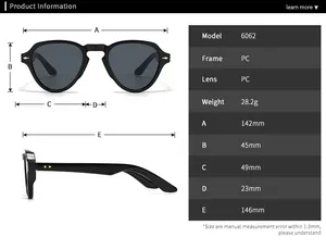 Detailed size chart for retro round sunglasses with 142mm frame width and 45mm lens height