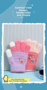 Close-up of knit gloves with contrast colors, star patches and NICE labels for kids
