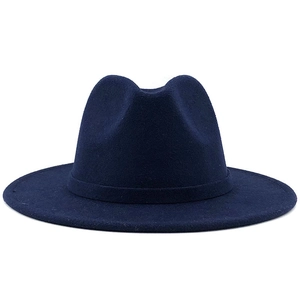 Detailed shot of navy blue wool felt fedora with flat brim and tonal ribbon band