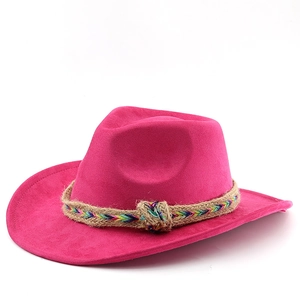 Western style rose pink suede cowboy hat with colorful woven band and curled brim